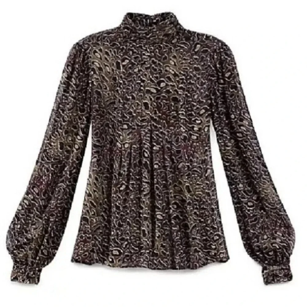 Tory Burch Whitfiels Animal Print Blouse 100% Silk Top 8 Mock Neck Puff Sleeve